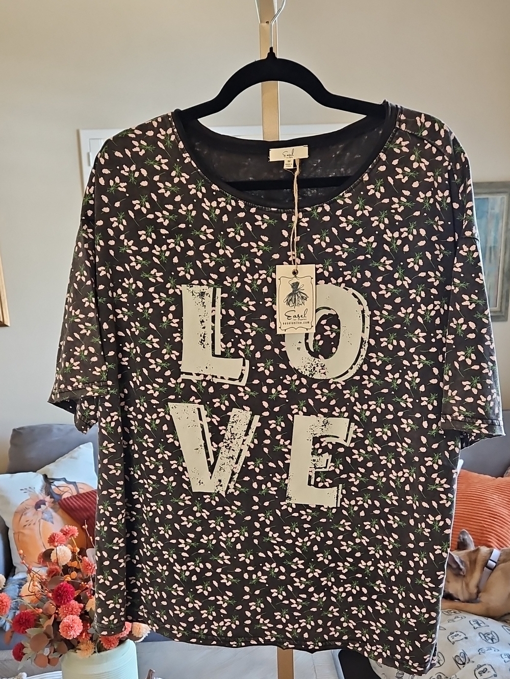 easel Black Floral 'LOVE' Short Sleeve Tee with Pink Blossoms